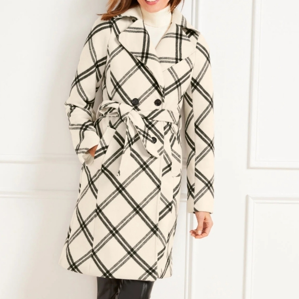 TALBOTS BELTED COAT BRUSHED WINDOWPANE size 14 euc